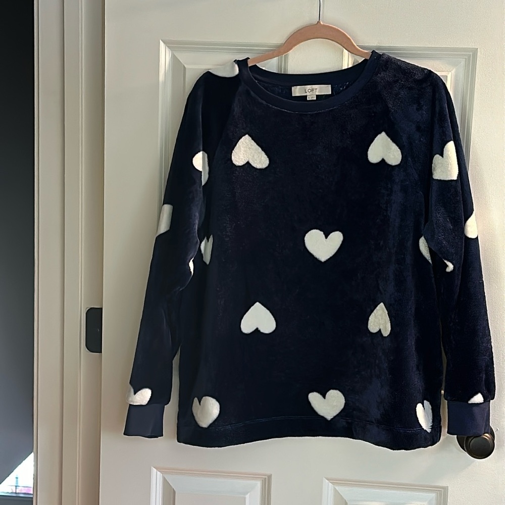 Loft - Navy Velour Top with White Hearts